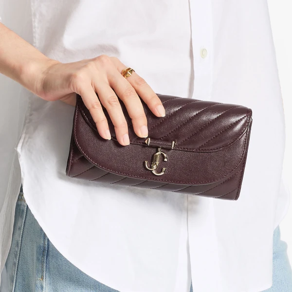 Deep Merlot and Shiny Gold Jimmy Choo Curve Wallet with Chain, view 2 | Mini Bags
