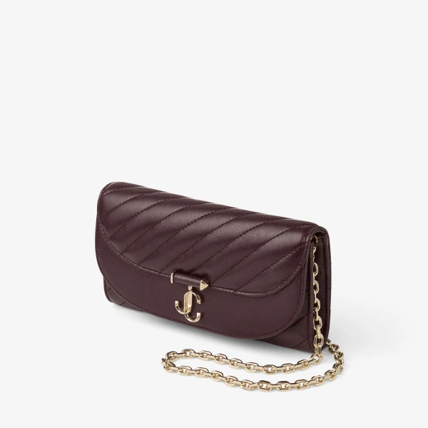 Deep Merlot and Shiny Gold Jimmy Choo Curve Wallet with Chain, view 3 | Mini Bags