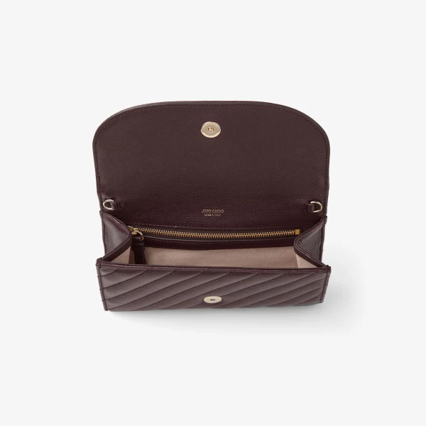 Deep Merlot and Shiny Gold Jimmy Choo Curve Wallet with Chain, view 5 | Mini Bags