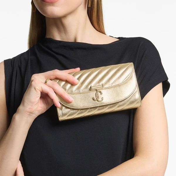 Gold and Shiny Gold Jimmy Choo Curve Wallet with Chain, view 2 | Clutch Bags