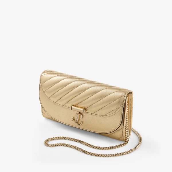 Gold and Shiny Gold Jimmy Choo Curve Wallet with Chain, view 3 | Clutch Bags