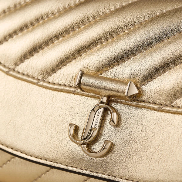 Gold and Shiny Gold Jimmy Choo Curve Wallet with Chain, view 4 | Clutch Bags