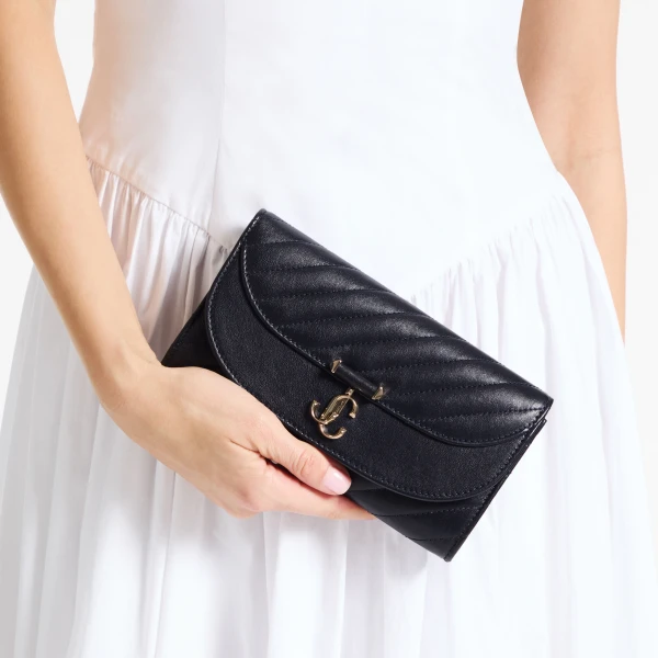 Marine and Shiny Gold Jimmy Choo Curve Wallet with Chain, view 2 | Mini Bags