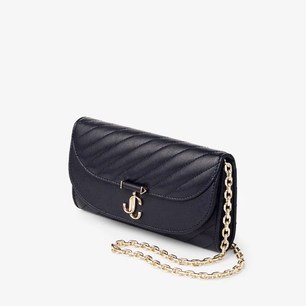 Marine and Shiny Gold Jimmy Choo Curve Wallet with Chain, view 3 | Mini Bags