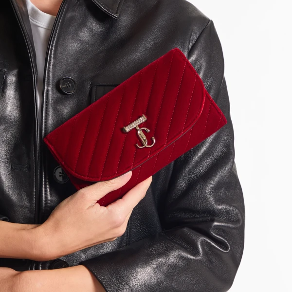 Ruby Red and Shiny Gold Jimmy Choo Curve Wallet with Chain, view 2 | Clutch Bags