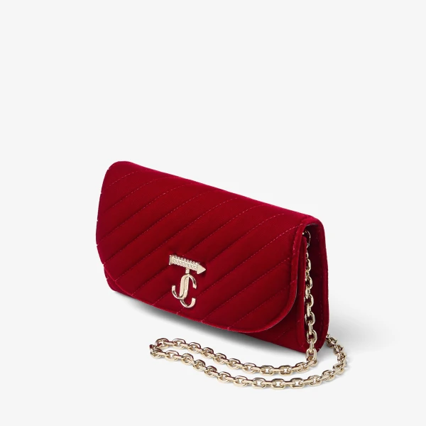 Ruby Red and Shiny Gold Jimmy Choo Curve Wallet with Chain, view 3 | Clutch Bags