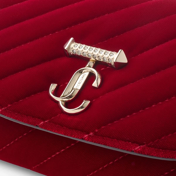 Ruby Red and Shiny Gold Jimmy Choo Curve Wallet with Chain, view 4 | Clutch Bags