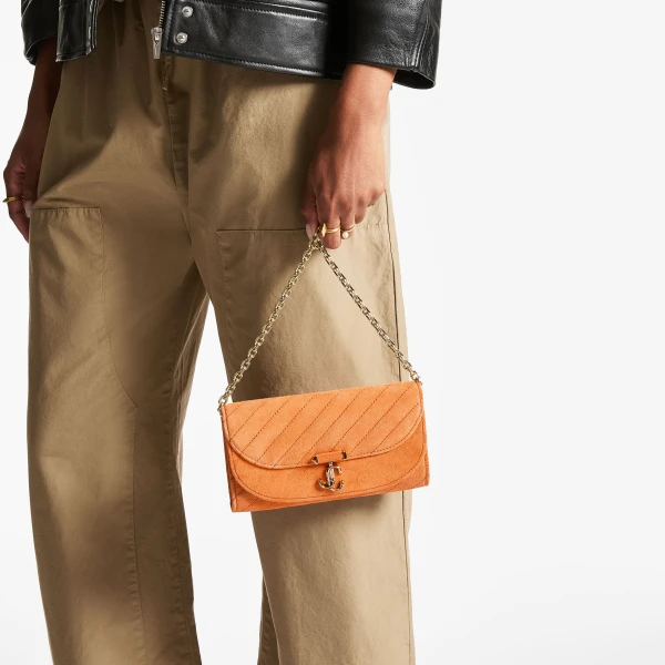 Sunset Orange and Shiny Gold Jimmy Choo Curve Wallet with Chain, view 2 | Mini Bags