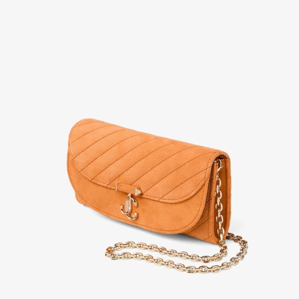 Sunset Orange and Shiny Gold Jimmy Choo Curve Wallet with Chain, view 3 | Mini Bags