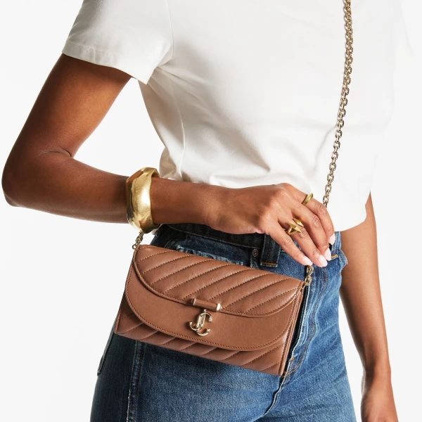 Tan and Shiny Gold Jimmy Choo Curve Wallet with Chain, view 2 | Mini Bags