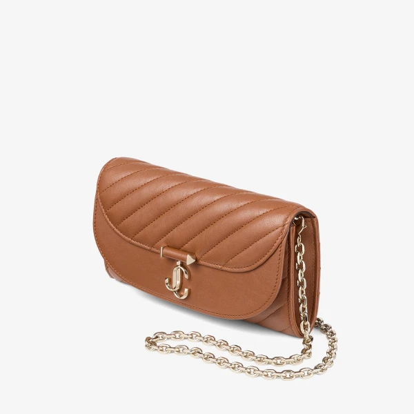 Tan and Shiny Gold Jimmy Choo Curve Wallet with Chain, view 3 | Mini Bags