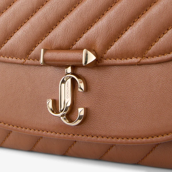 Tan and Shiny Gold Jimmy Choo Curve Wallet with Chain, view 4 | Mini Bags