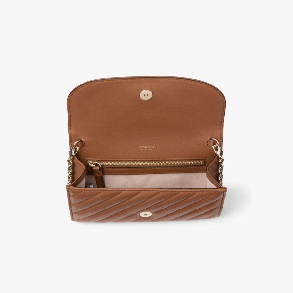 Tan and Shiny Gold Jimmy Choo Curve Wallet with Chain, view 5 | Mini Bags