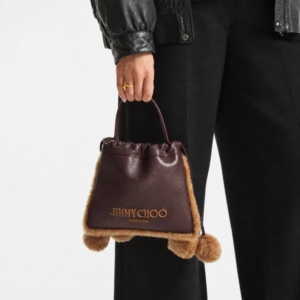 Chocolate, Toffee and Ecru Jimmy Choo Drawstring Pouch Top Handle, view 2 | Clutch Bags