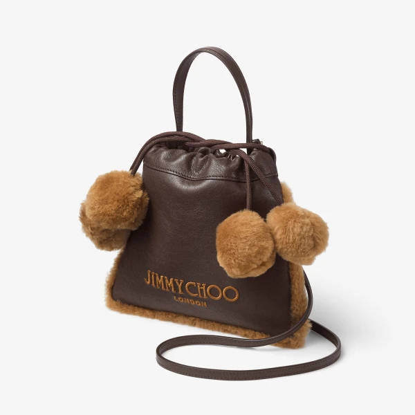 Chocolate, Toffee and Ecru Jimmy Choo Drawstring Pouch Top Handle, view 3 | Clutch Bags