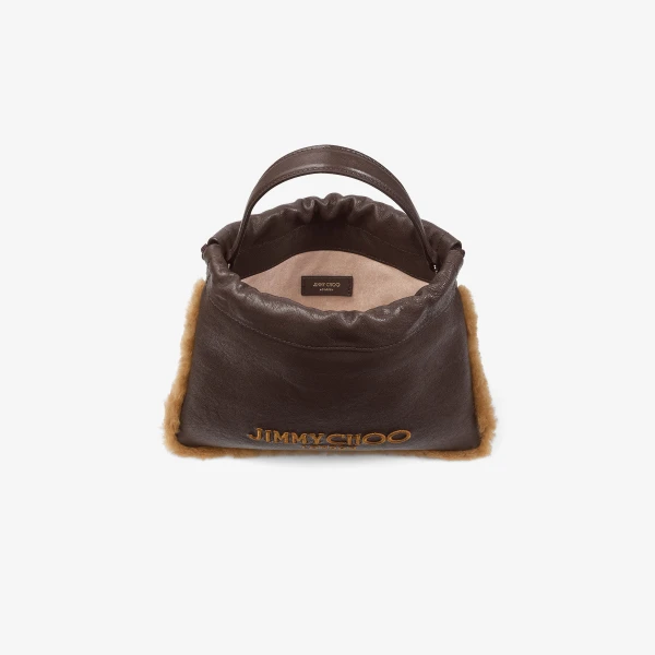 Chocolate, Toffee and Ecru Jimmy Choo Drawstring Pouch Top Handle, view 5 | Clutch Bags