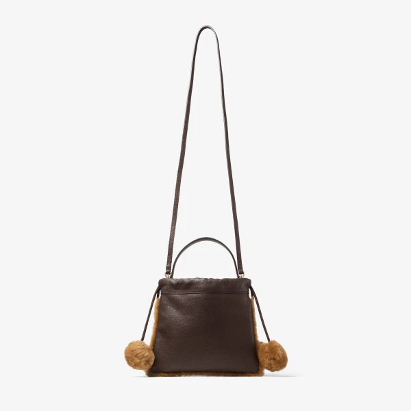 Chocolate, Toffee and Ecru Jimmy Choo Drawstring Pouch Top Handle, view 6 | Clutch Bags