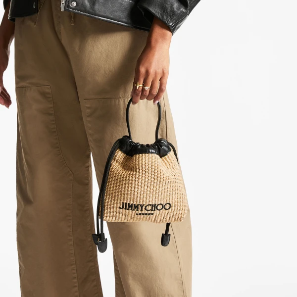 Natural, Black and Light Gold Jimmy Choo Drawstring Pouch Top Handle, view 2 | Clutch Bags