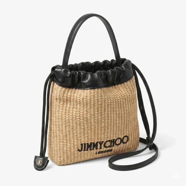 Natural, Black and Light Gold Jimmy Choo Drawstring Pouch Top Handle, view 3 | Clutch Bags
