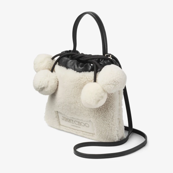 Natural, Black and Light Gold Jimmy Choo Drawstring Pouch Top Handle, view 3 | Clutch Bags