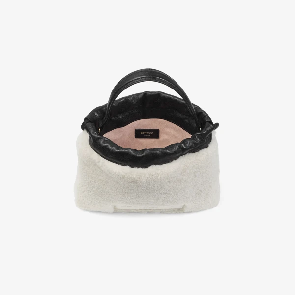 Natural, Black and Light Gold Jimmy Choo Drawstring Pouch Top Handle, view 5 | Clutch Bags