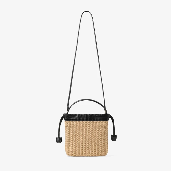 Natural, Black and Light Gold Jimmy Choo Drawstring Pouch Top Handle, view 6 | Clutch Bags