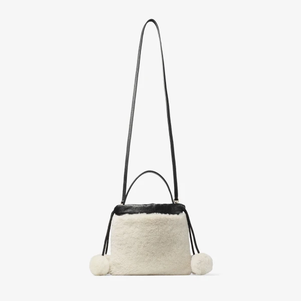 Natural, Black and Light Gold Jimmy Choo Drawstring Pouch Top Handle, view 6 | Clutch Bags
