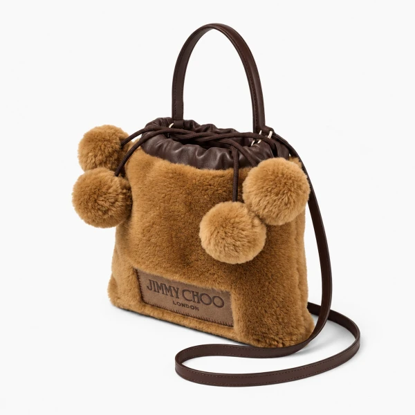 Teddy, Chocolate and Light Gold Jimmy Choo Drawstring Pouch Top Handle, view 2 | Clutch Bags