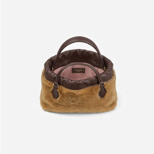 Teddy, Chocolate and Light Gold Jimmy Choo Drawstring Pouch Top Handle, view 4 | Clutch Bags