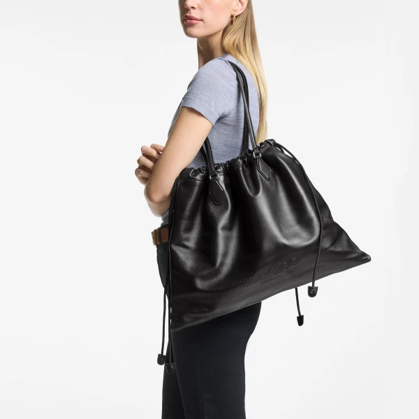 Black and Light Gold Jimmy Choo Drawstring Tote Large, view 2 | Totes & Top-Handle Bags