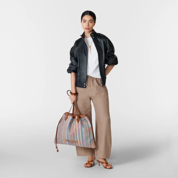 Multi, Tan and Light Gold Jimmy Choo Drawstring Tote Large, view 2 | Totes & Top-Handle Bags