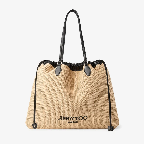 Natural, Black and Light Gold Jimmy Choo Drawstring Tote Large, view 2 | Totes & Top-Handle Bags