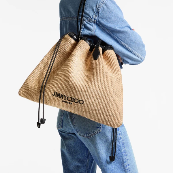 Natural, Black and Light Gold Jimmy Choo Drawstring Tote Large, view 3 | Totes & Top-Handle Bags