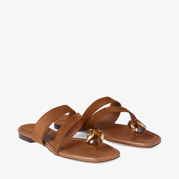 Tan and Amber Jimmy Choo Emeri Stone Flat, view 3 | Sandals