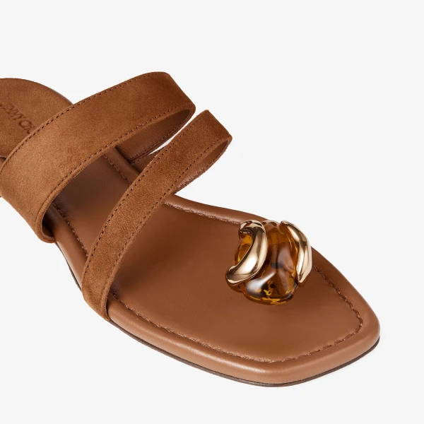Tan and Amber Jimmy Choo Emeri Stone Flat, view 4 | Sandals