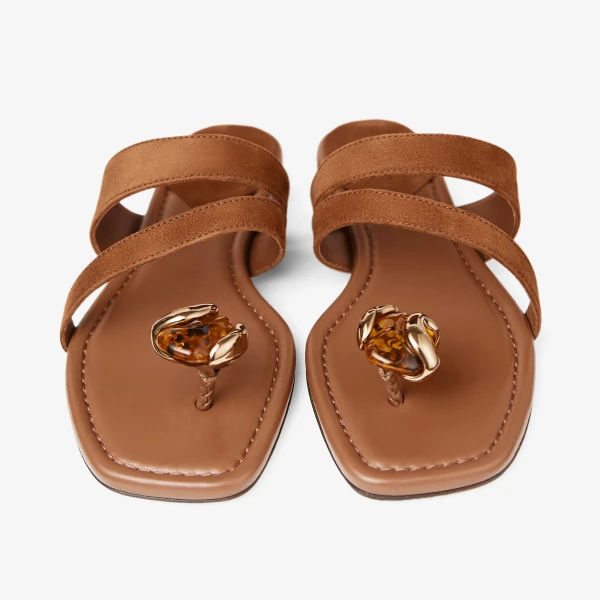 Tan and Amber Jimmy Choo Emeri Stone Flat, view 5 | Sandals