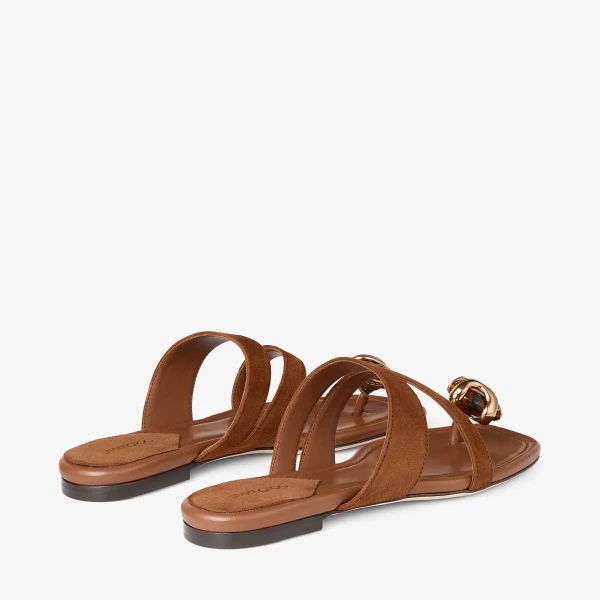 Tan and Amber Jimmy Choo Emeri Stone Flat, view 6 | Sandals