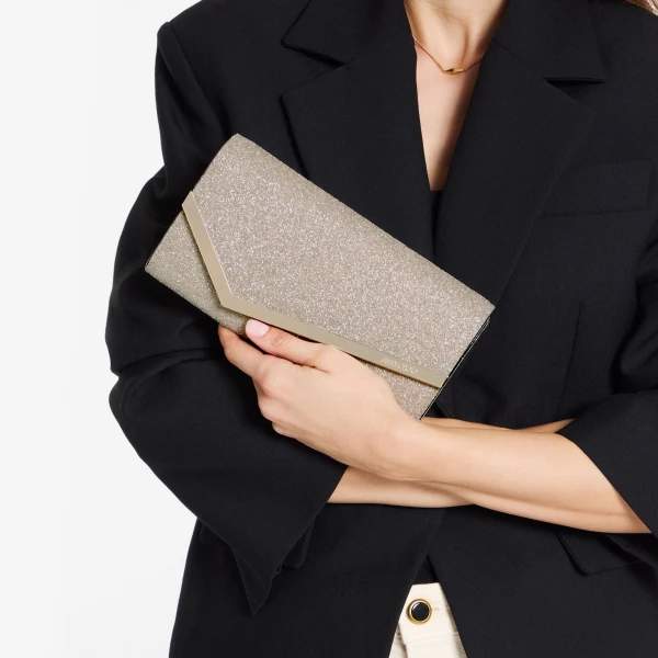 Light Soft Gold and Light Gold Jimmy Choo Emmie Clutch Bag, view 2 | Clutch Bags