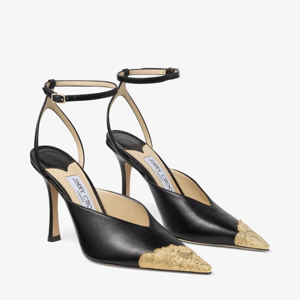 Black and Vintage Gold Jimmy Choo Faiz 100 Pumps, view 2 | Heels