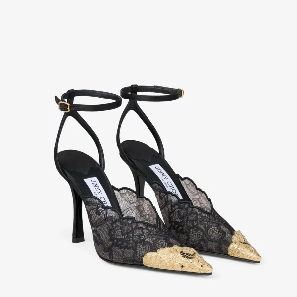Black and Vintage Gold Jimmy Choo Faiz 100 Pumps, view 5 | Heels