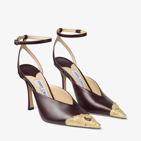 Dark Merlot and Vintage Gold Jimmy Choo Faiz 100 Pumps, view 2 | Heels
