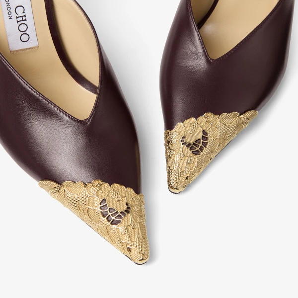 Dark Merlot and Vintage Gold Jimmy Choo Faiz 100 Pumps, view 3 | Heels