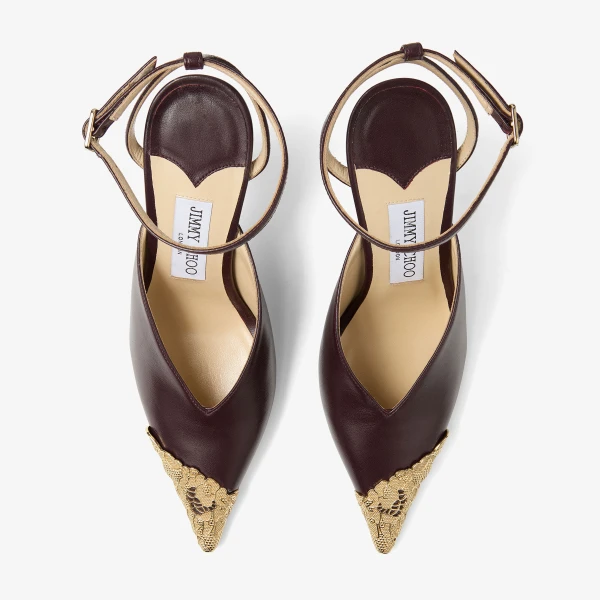 Dark Merlot and Vintage Gold Jimmy Choo Faiz 100 Pumps, view 4 | Heels
