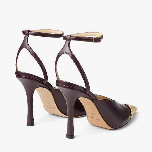 Dark Merlot and Vintage Gold Jimmy Choo Faiz 100 Pumps, view 5 | Heels