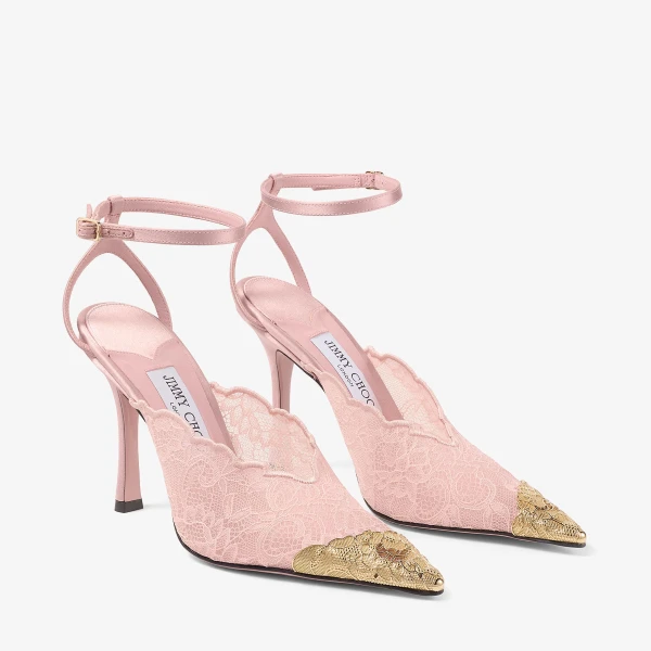 Rose and Light Gold Jimmy Choo Faiz 100 Pumps, view 5 | Heels