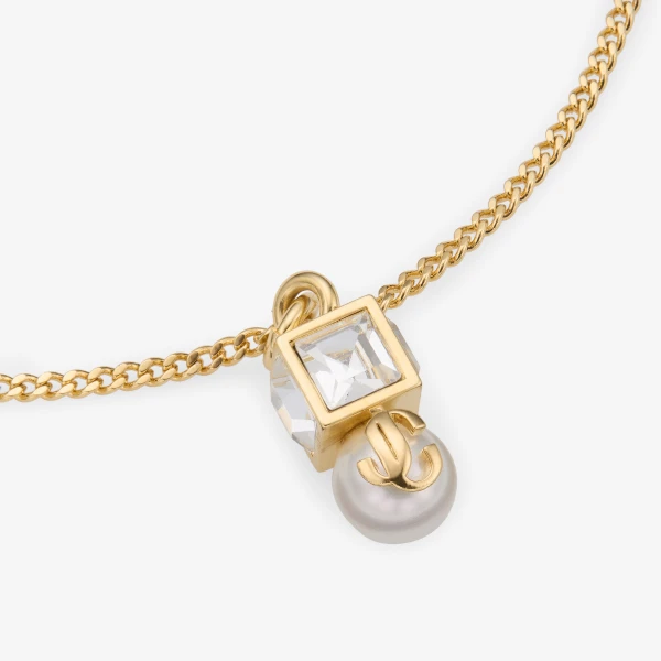 Gold, White and Crystal Jimmy Choo JC Pearl Cube Bracelet, view 3 | Bracelets