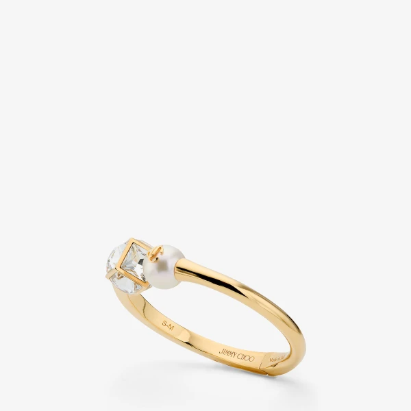 Gold, White and Crystal Jimmy Choo JC Pearl Cube Cuff Large Bracelet, view 2 | Bracelets