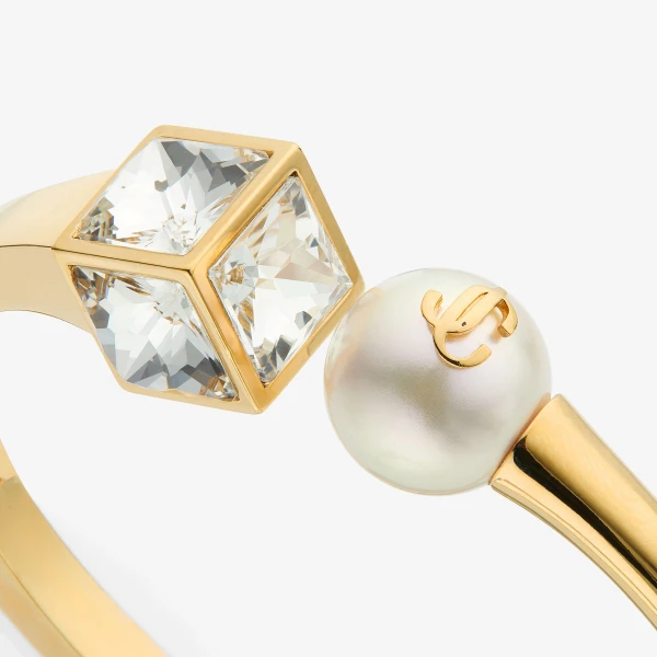 Gold, White and Crystal Jimmy Choo JC Pearl Cube Cuff Large Bracelet, view 3 | Bracelets