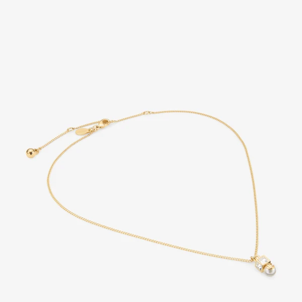 Gold, White and Crystal Jimmy Choo JC Pearl Cube Pendant Necklace, view 2 | Necklace