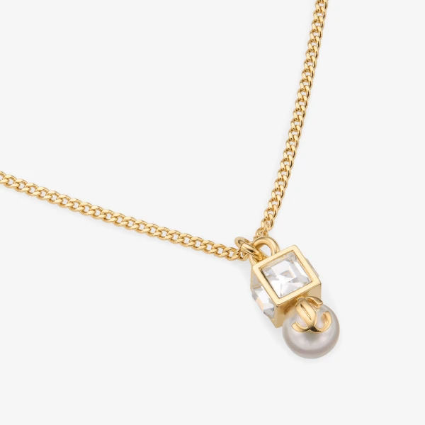 Gold, White and Crystal Jimmy Choo JC Pearl Cube Pendant Necklace, view 3 | Necklace